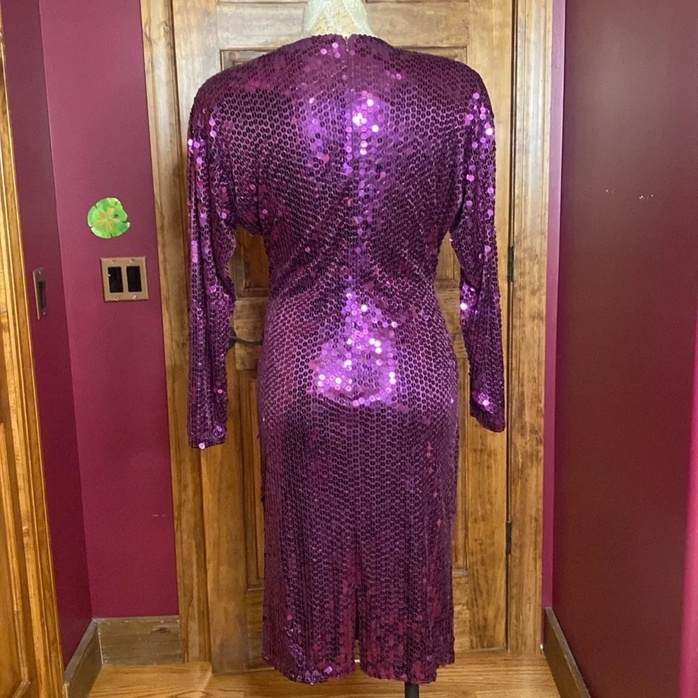 RARE Vtg Purple Sequin Oleg Cassini cocktail formal party midi long Dress sz 10